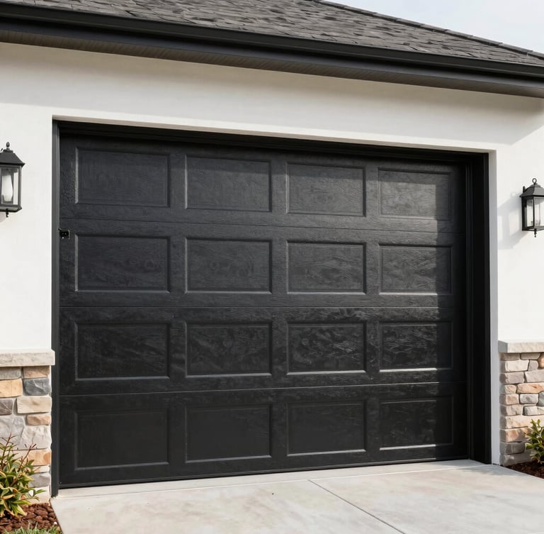 Crisp commercial photography of a modern black insulated garage door on a clean contemporary home, bright natural daylight, 35mm