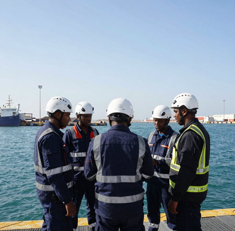 Medium-wide crop of technical crew in safety gear and helmets coordinating operations at Mogadishu port, bright daylight, high contrast.