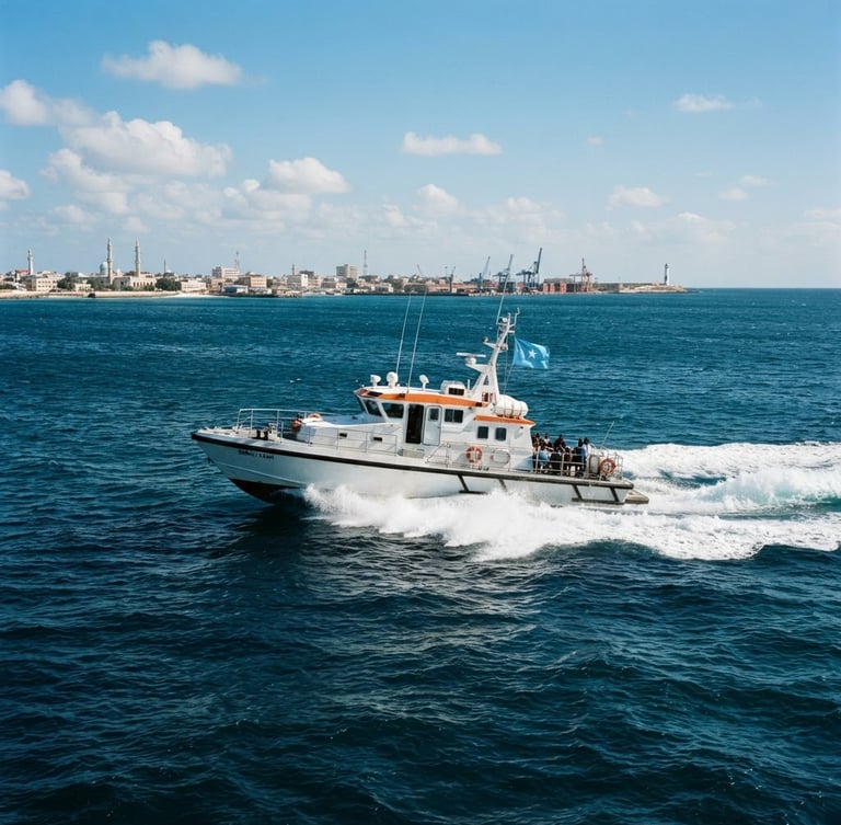 Wide environmental shot of a modern high-speed crew vessel flying the Somali flag, navigating bright clear daylight waters of Mogadishu at speed, deep navy sea, sharp focus, 35mm.