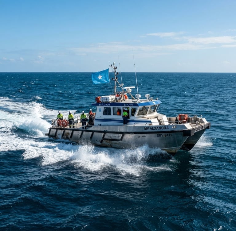 Wide environmental shot of a modern high-speed crew vessel flying the Somali flag cutting through deep blue waters under bright daylight, crisp focus.