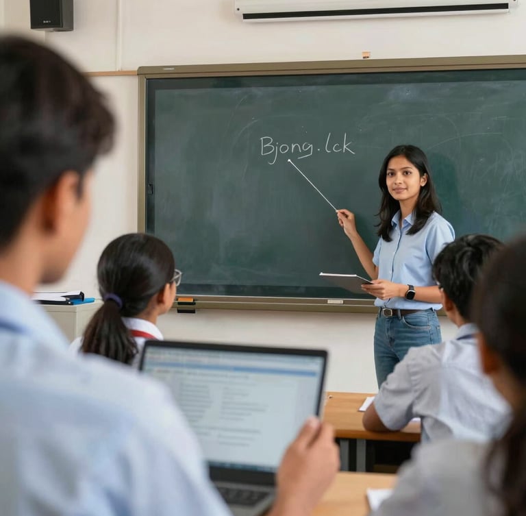 Over-the-shoulder view of a teacher using an interactive flat panel in a bright Dhaka classroom, students seated attentively.