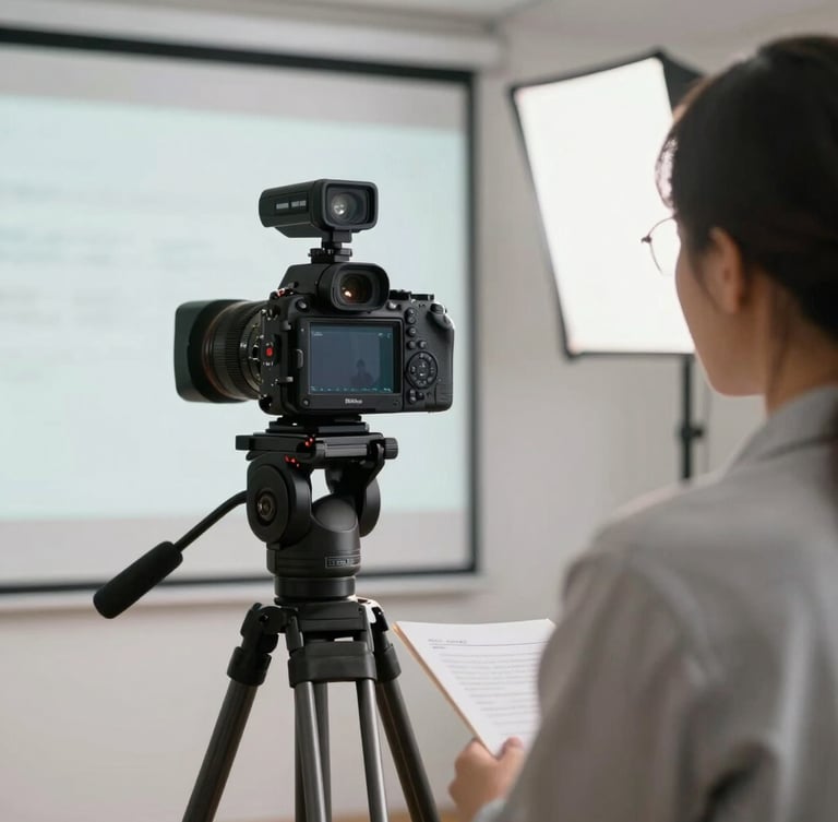 Over-the-shoulder view of a teacher recording a lecture in a clean educational studio setup, professional camera on a tripod, soft studio lighting.