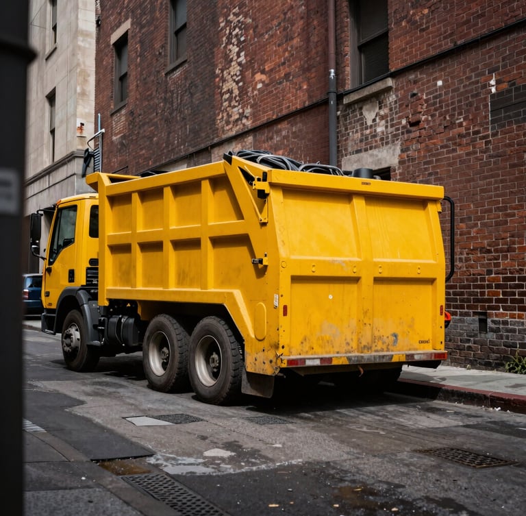 Low-angle heroic shot of a compact yellow roll-off dumpster truck maneuvering a sharp turn in a narrow, brick-lined San Francisco alleyway, hard direct daylight, gritty industrial photography.