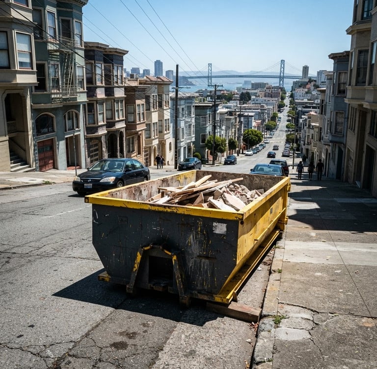 A compact, heavy-duty yellow and black roll-off dumpster parked perfectly on a steep, narrow San Francisco street, avoiding traffic, under harsh direct daylight. Wide environmental shot showing SF architecture in the background.