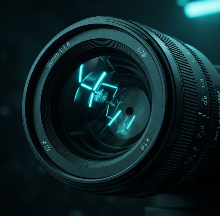 Macro close-up of a sleek digital camera lens reflecting glowing electric cyan studio lights, high-fidelity render, dark moody background, 8k