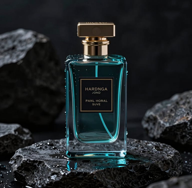 High-fidelity digital render of a luxury perfume bottle on a wet basalt stone, dramatic studio lighting, deep moody tones with electric cyan accents, sharp focus, 8k