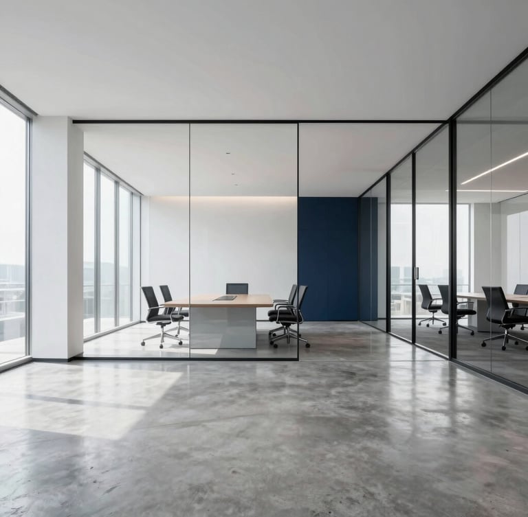 Wide environmental shot of a modern minimalist office conference room, glass walls, polished concrete floor reflecting soft daylight, immaculate and organized.