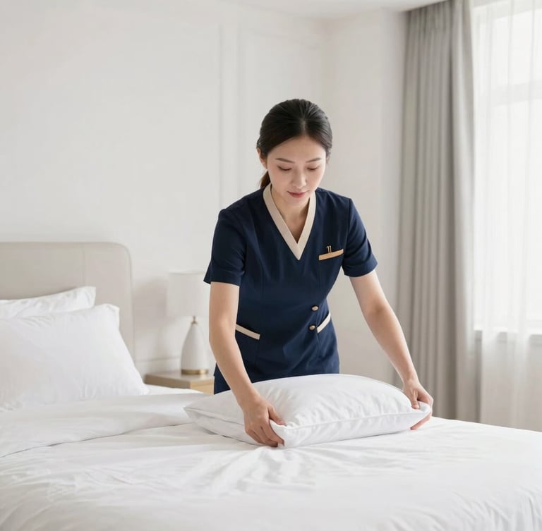 A professional cleaner in a clean, minimalist uniform carefully smoothing crisp white linens in a bright, high-end bedroom, soft daylight, editorial portrait