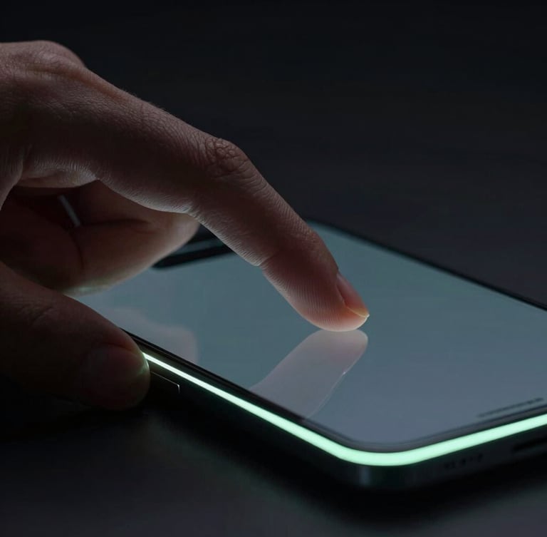 Moody macro photography, low-key studio lighting with neon-mint rim highlights. A close-up of a physical hand interacting with a premium dark Android phone, displaying a minimalist interface.