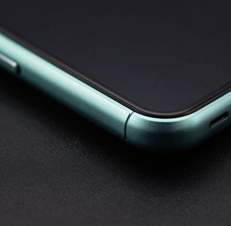 Extreme close-up macro shot of a premium Android smartphone's physical titanium edge, moody low-key studio lighting with a sharp neon-mint rim highlight, dark charcoal background.