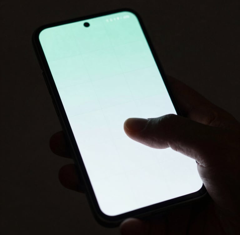 Macro top-down shot of a hand interacting with a premium dark Android phone, displaying a minimalist grid interface with neon-mint accents, moody low-key studio lighting, soft rim highlights on the device bezel.