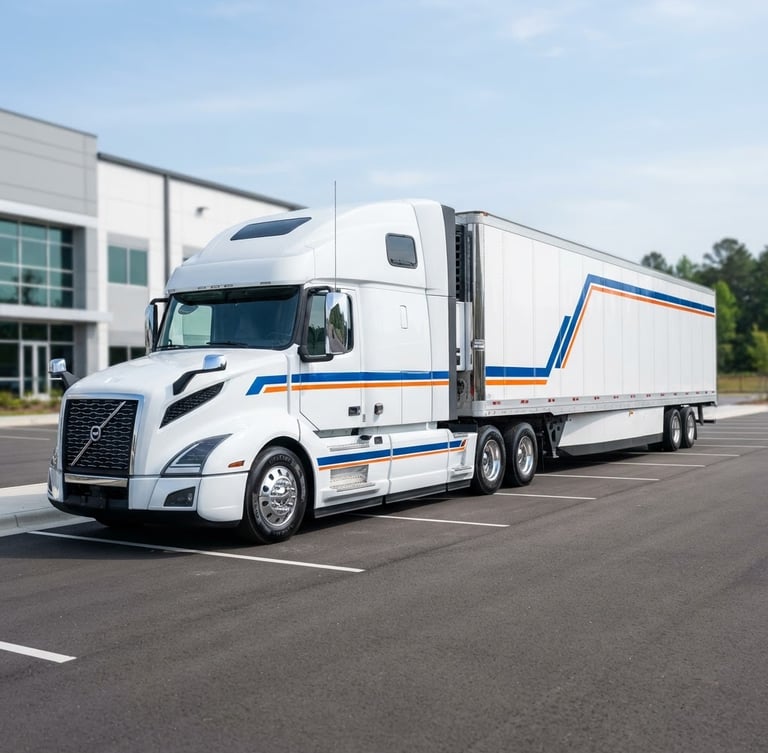 Crisp commercial photography of a modern clean white freight truck parked in bright natural daylight, clean corporate blue and orange accents, sharp focus, 35mm lens