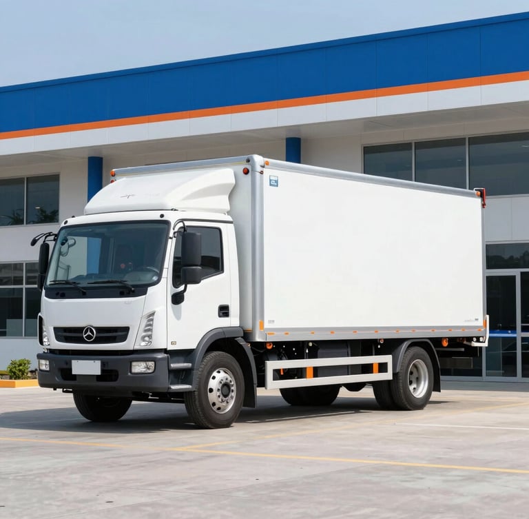 Crisp commercial photograph of a clean modern flatbed transport truck parked outside a structured logistics office, bright natural daylight, clean corporate blue accents