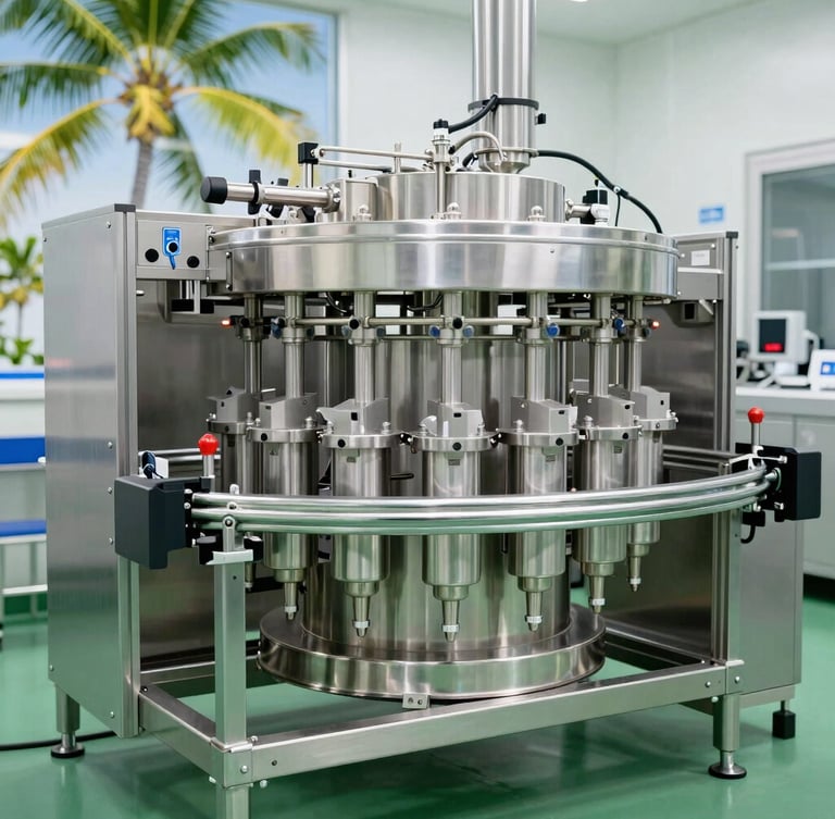 Crisp commercial photography of high-tech stainless steel aseptic filling lines in a sterile, bright clinical facility, sharp focus, 50mm