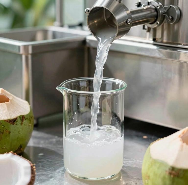 Crisp commercial photography, bright tropical daylight, close-up of clear coconut liquid pouring into a sterile glass beaker inside a high-tech stainless steel facility, sharp focus, 50mm
