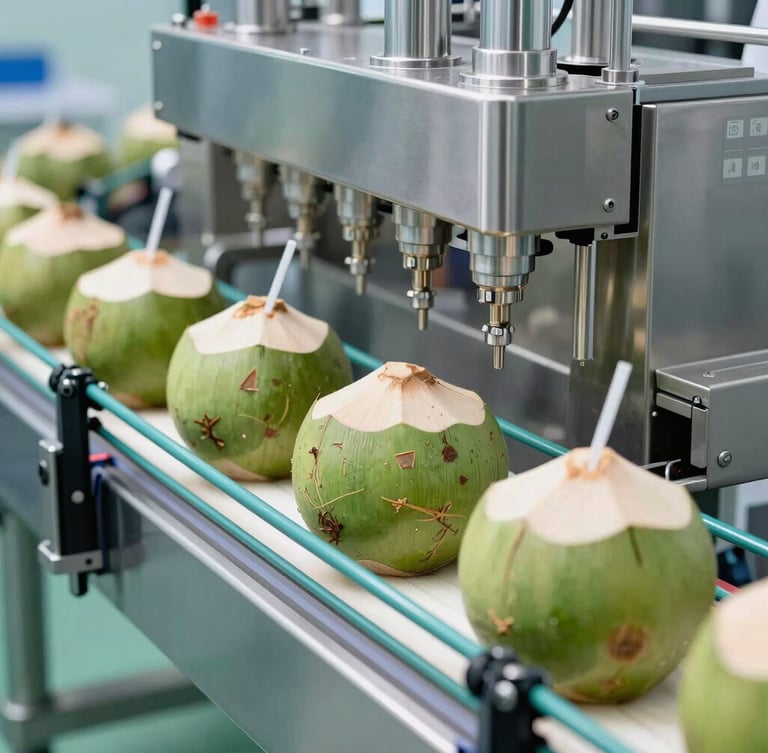 Macro shot of a high-tech stainless steel aseptic filling line in a sterile clinical facility, bright daylight illuminating green coconut husks on a clean conveyor belt, sharp focus, 50mm