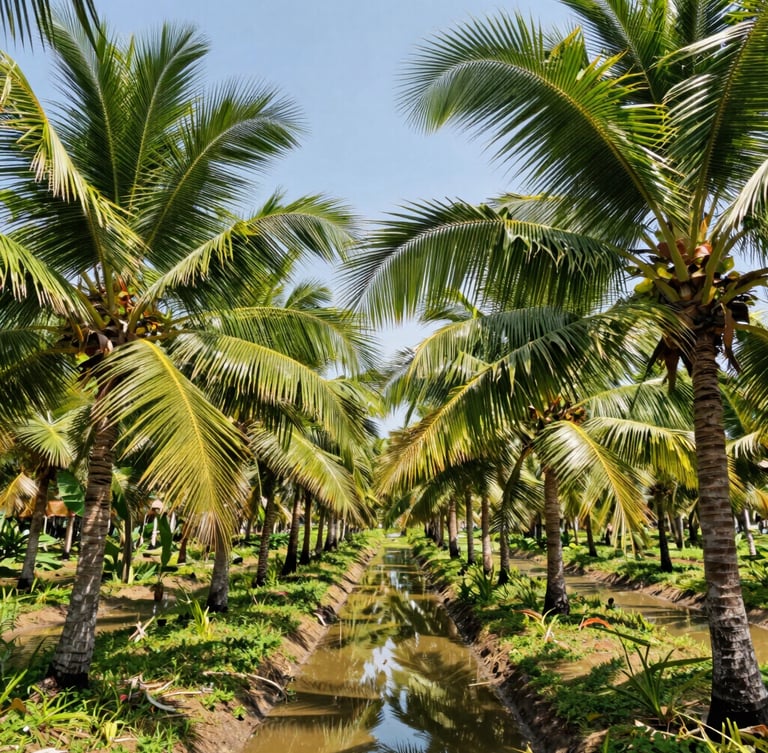 Wide-angle editorial shot of a lush organic coconut grove in Thailand, sunlight filtering through palm fronds, clean irrigation canals reflecting the blue sky, bright daylight.