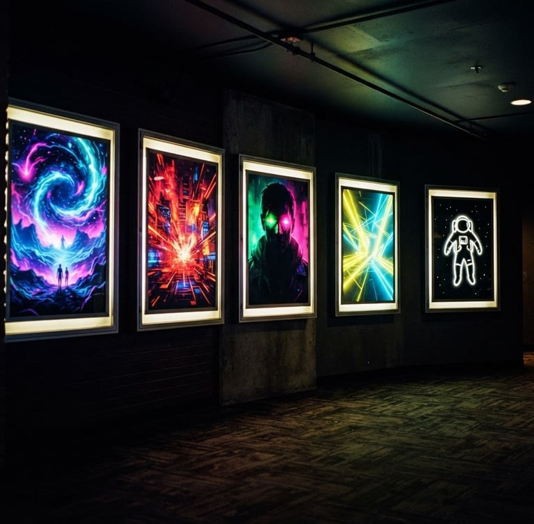 Dynamic low-angle shot of multiple movie posters in backlit displays, high-contrast, vibrant neon glows, 35mm film grain, dark cinema atmosphere.