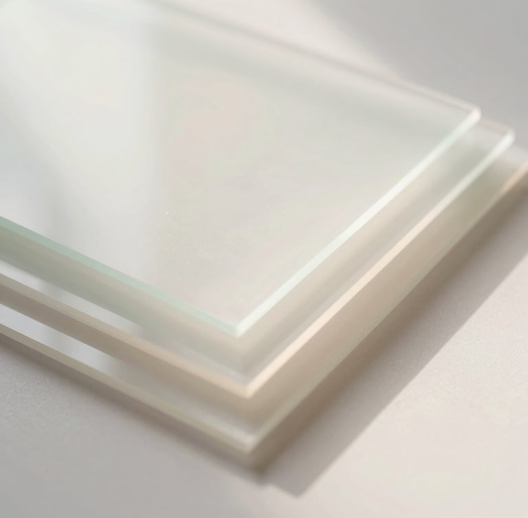 Translucent layered glass sheets casting soft, multi-layered shadows on a neutral pearl background, serene luminous abstract photography