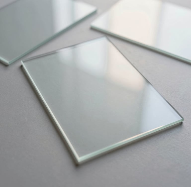 Overhead flat lay of translucent glass sheets reflecting soft morning light, pearlescent paper mockups, silver gray tones, serene empty space