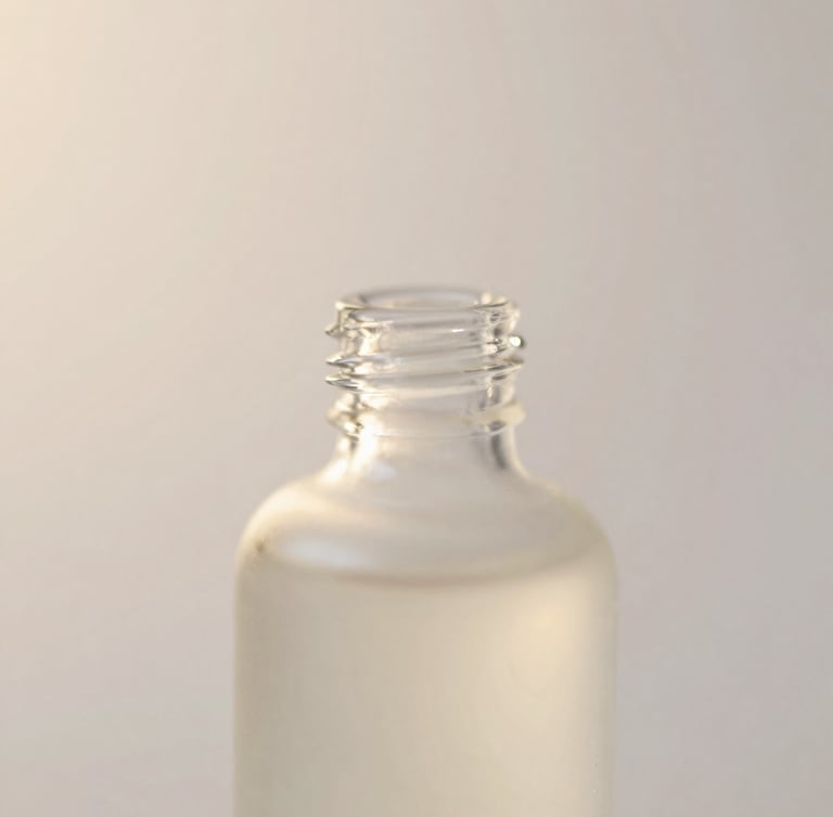 Macro close-up of translucent skincare bottle reflecting soft morning light, pearlescent background, dreamy editorial