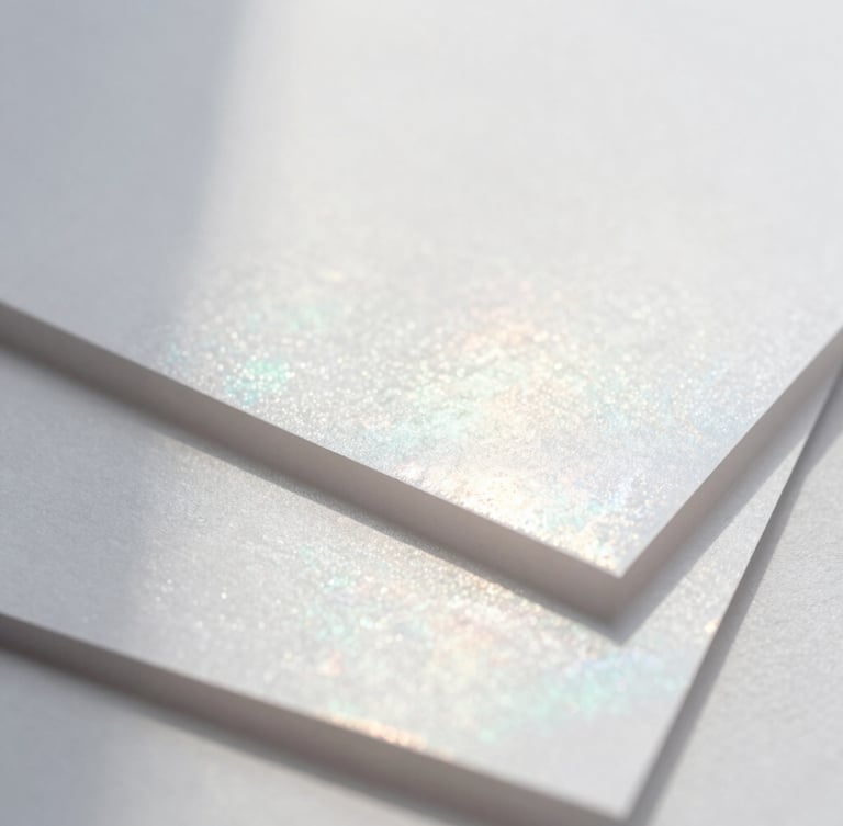 Macro close-up of layered pearlescent paper mockups under soft diffused morning light, subtle silver gray and pale blue shadows, elegant minimalist composition
