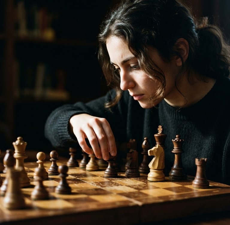 Focused student analyzing a physical wooden chess board, dramatic side-lighting, high contrast, macro depth of field