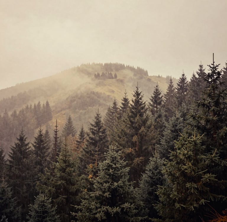 Cinematic wide shot of misty evergreen hills of Lansdowne, soft rainy-day light filtering through overcast skies, desaturated pine forest, vintage 35mm lens.