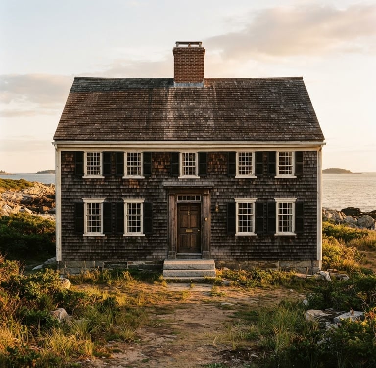 Straight-on architectural elevation of a historic 18th-century timber-frame saltbox house on the New England coast, low-angle golden hour light, rich deep tones, medium format film
