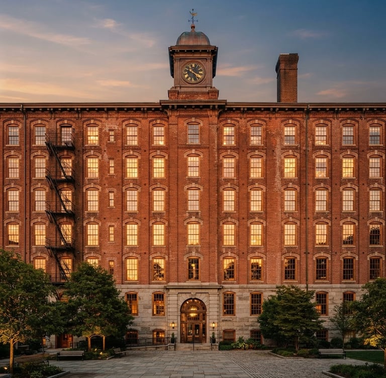 Straight-on architectural elevation of a restored 19th-century brick textile mill, low-angle golden hour light reflecting off multi-pane windows, warm editorial architectural photography