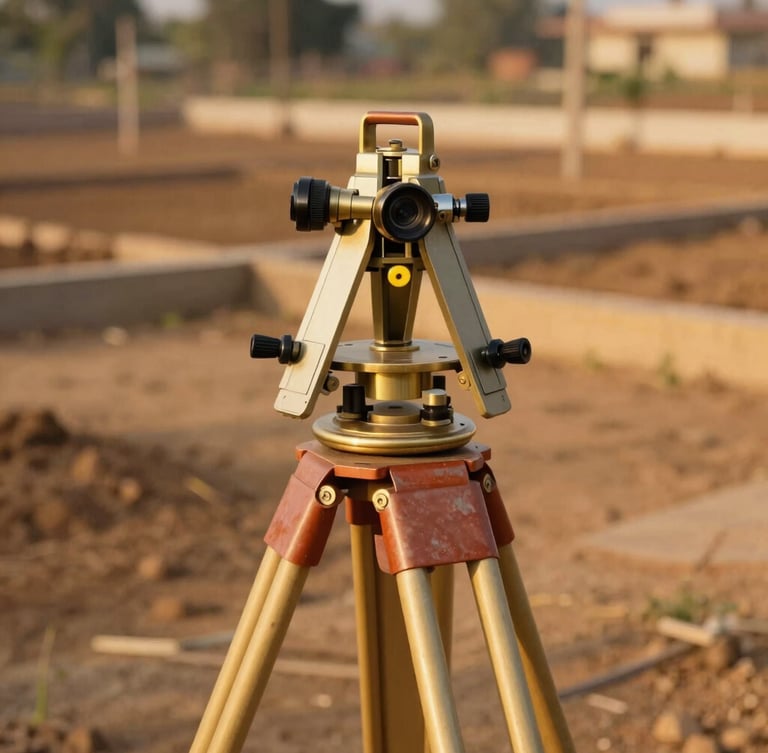 Close-up of a brass surveyor transit on a tripod overlooking a sunlit, cleared development plot in Coimbatore, warm golden-hour light, sharp focus on the metallic instrument, architectural precision