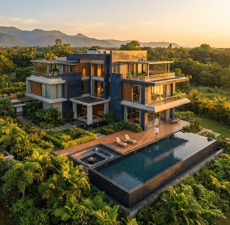High-angle architectural photograph of a modern luxury villa in Coimbatore, warm golden-hour sunlight reflecting off premium granite surfaces, manicured tropical landscaping, 35mm.