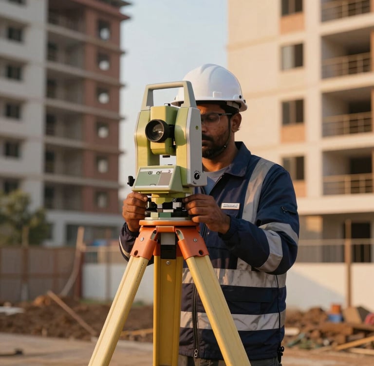 Professional land surveyor in high-visibility gear using a digital total station on a premium development site in Coimbatore, warm golden-hour sunlight, architectural precision, sharp focus, 35mm