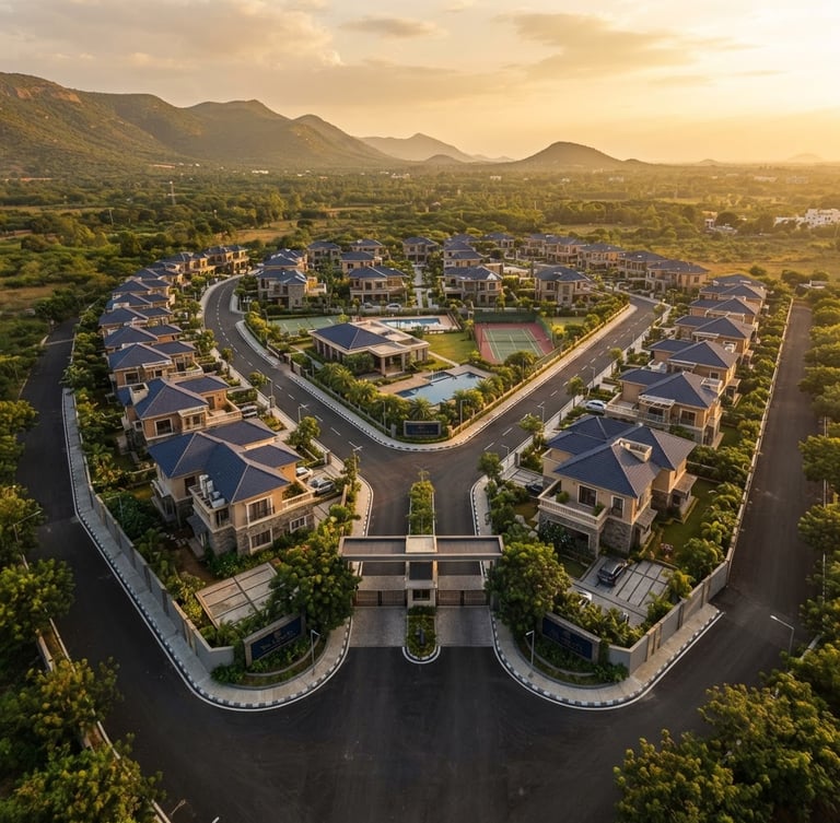 High-angle drone shot of a premium gated community layout in Coimbatore, clean blacktop roads, clear boundary stones, warm golden-hour light, sharp focus