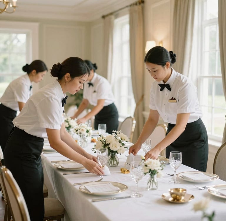 Professional staff in clean uniforms meticulously setting up an immaculate table for an event in a grand Westchester estate dining room, natural daylight, soft golden tones.