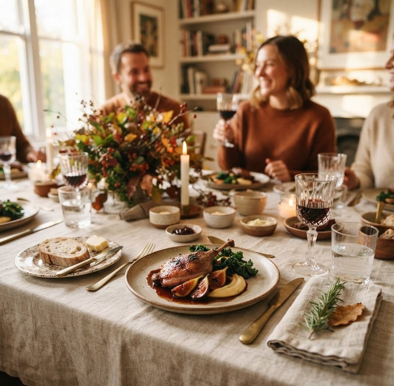 Immaculate table setting with artfully plated seasonal dishes, warm editorial photography, natural daylight, soft golden tones, shallow depth of field.