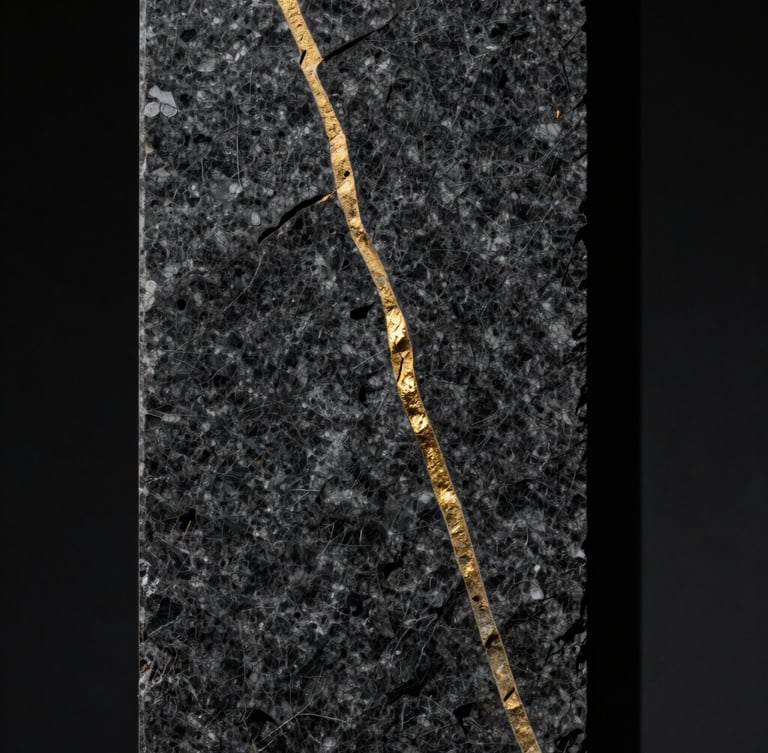 Extreme close-up portrait of a dark, textured basalt stone column with a single sharp, polished gold vein cutting vertically through it. Chiaroscuro lighting, deep shadows, sterile black background.