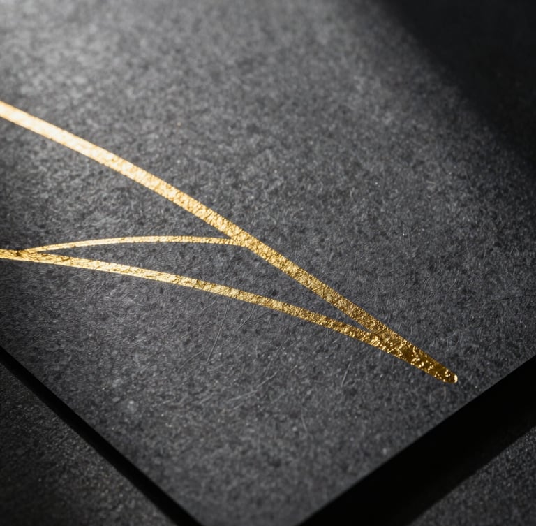 Extreme close-up of heavy-weight dark graphite paper with debossed gold leaf lines, dramatic side lighting casting deep shadows, luxurious physical texture.