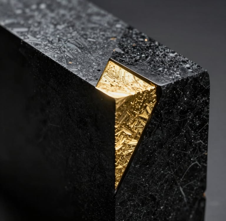 Extreme close-up of a dark, monolithic obsidian block with sharp, gold-leafed geometric incisions, resting in deep shadow with a single razor-thin light source.