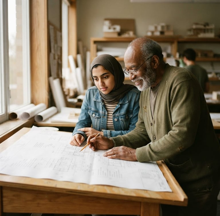 A quiet environmental portrait of a community elder and a young student looking over architectural blueprints in a sunlit classroom, soft window light, natural organic tones, shallow depth of field.
