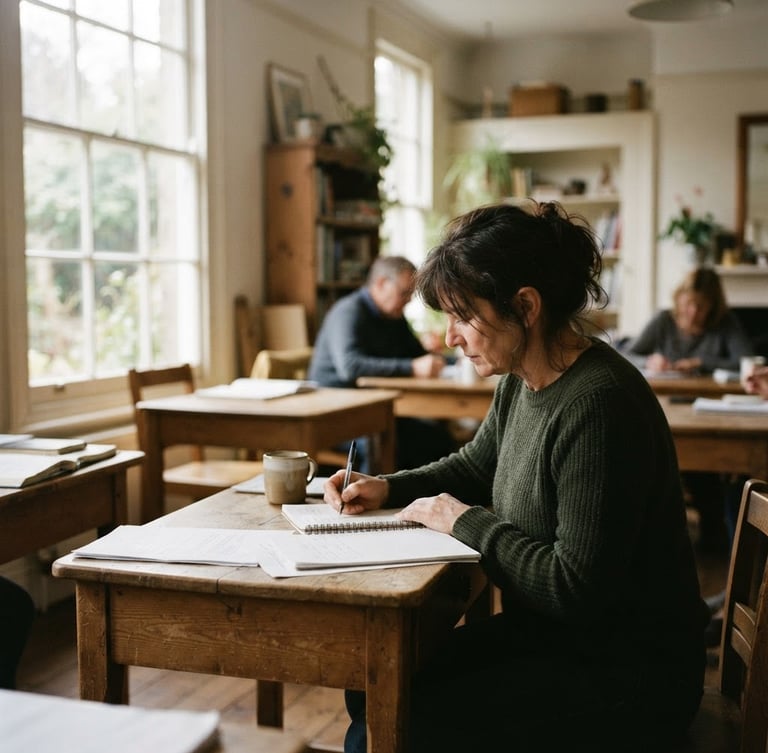 A quiet, candid documentary photograph of a local community classroom, soft natural window light filtering across wooden desks, muted organic tones, 35mm film grain, shallow depth of field.
