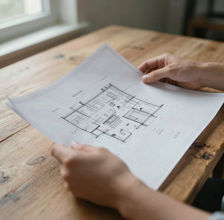 Candid documentary photo of hands holding architectural blueprints on a rustic wooden table, soft natural side lighting, focused on hands and paper.
