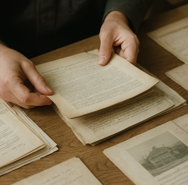 Candid close-up of hands organizing historical community archive documents on a solid oak table, soft diffused overcast light, muted tones, 35mm film grain.