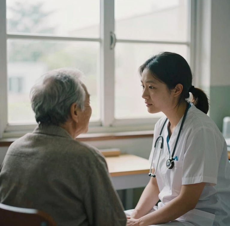 A quiet, candid moment of a healthcare worker listening to an elder in a sunlit community clinic, soft overcast outdoor light through a window, muted organic tones.