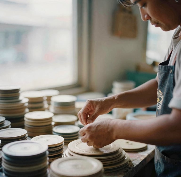 Close-up of a local artisan arranging goods in a small neighborhood market, warm morning light, shallow depth of field, authentic documentary style.