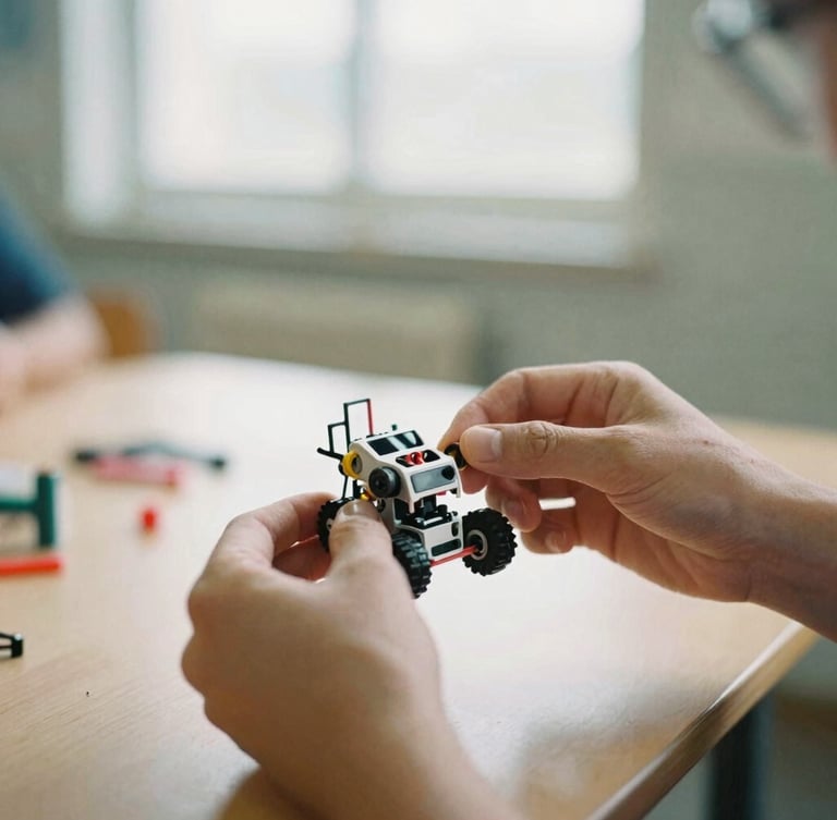 Candid close-up of hands assembling a small robotic kit in a bright classroom, natural diffused light, shallow depth of field, 35mm film grain.
