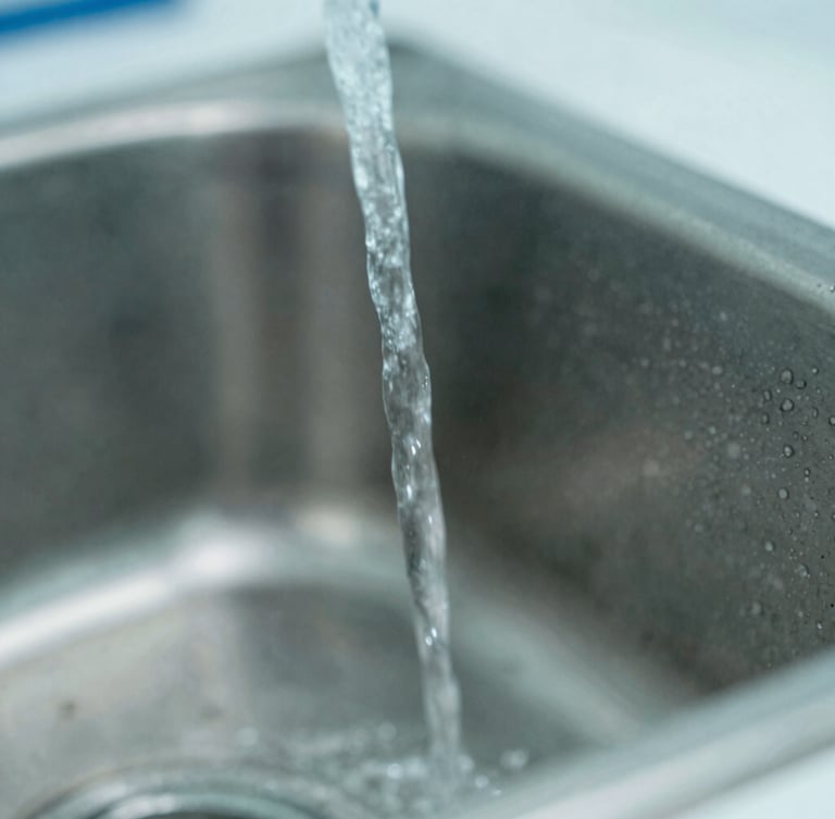 Close-up of clean water jets spraying onto a stainless steel surface, showing clinical laboratory lighting, sharp focus, teal and slate gray tones, macro details
