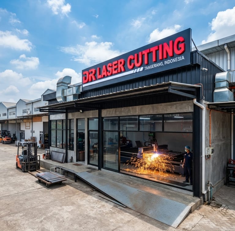 Fasad modern workshop DR Laser Cutting di Tangerang, papan nama terang, dengan latar belakang langit biru cerah, tampak depan, nuansa industrial bersih.