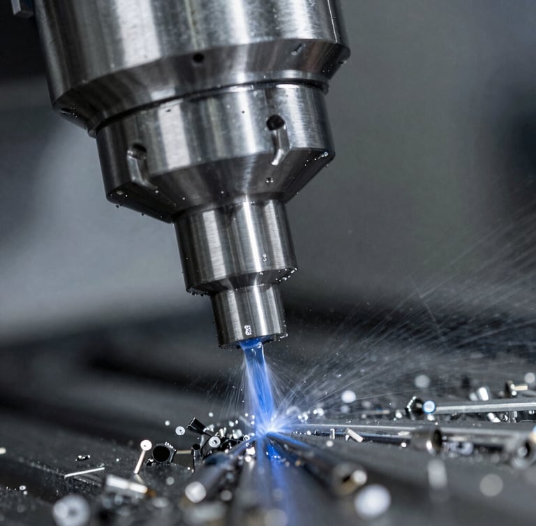 Macro close-up of a high-speed CNC spindle cutting high-grade steel, cool blue coolant fluid spraying, dynamic metal shavings, sharp industrial lighting, 50mm lens