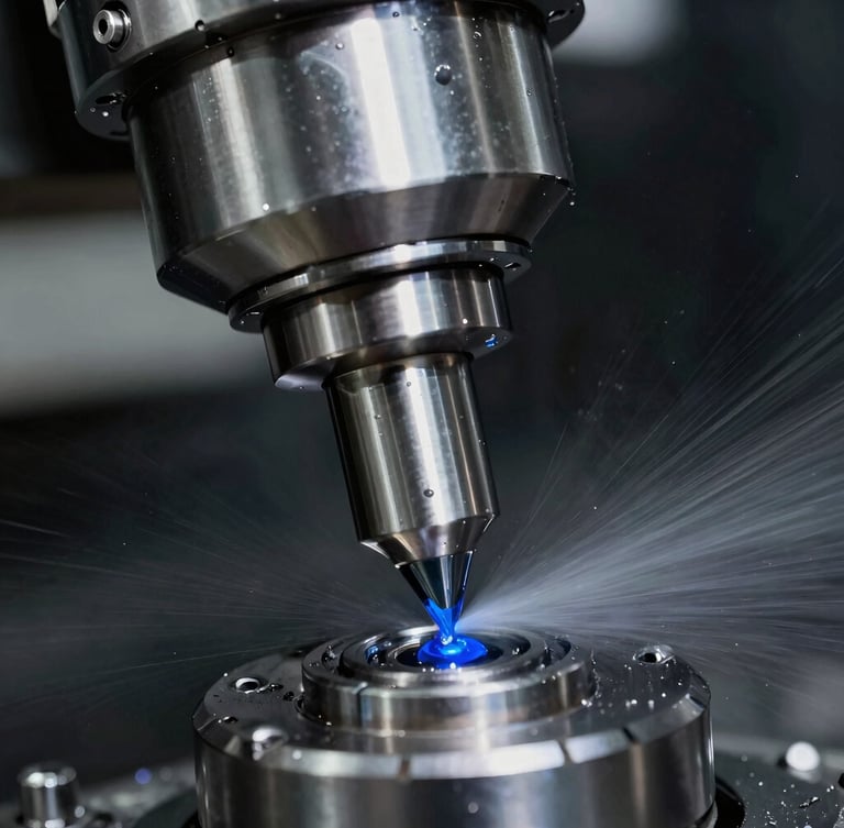 Macro close-up of a high-speed CNC spindle cutting through cold steel, blue coolant spray, dramatic industrial lighting, 50mm lens.